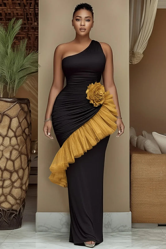 One Shoulder Rosette Mesh Ruffle Slim Party Maxi Dresses-Black [Pre Order]