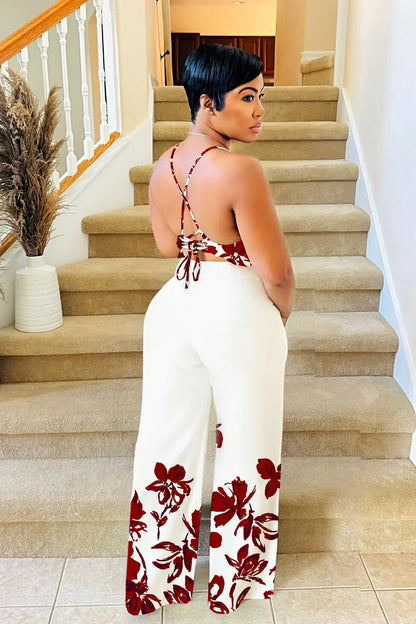 Floral Placement Print Halter Top Wide Leg Pants 2pcs Set-White