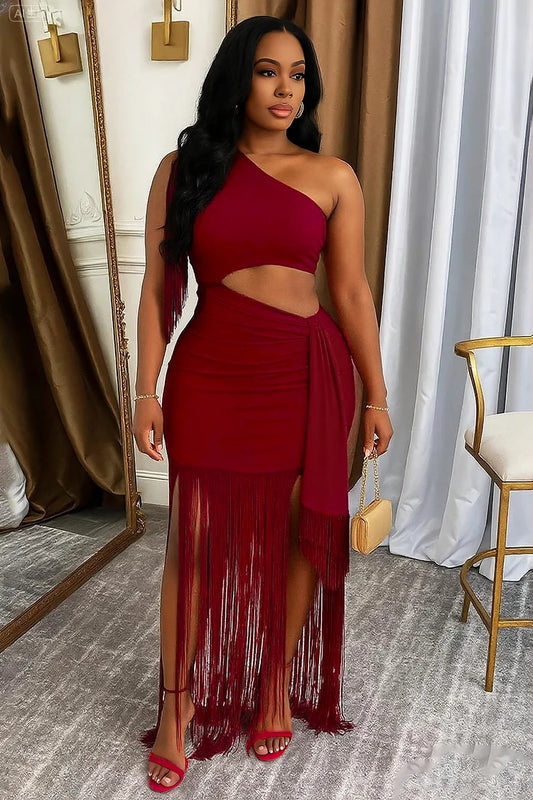 One Shoulder Cutout Sash Fringe Hem Party Maxi Dresses-White