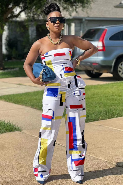 Colorblock Geometric Print Strapless Wide Leg Jumpsuit-White