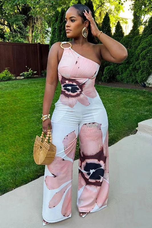 One Shoulder O-Ring Floral Print Vacation Wide Leg Jumpsuit-White