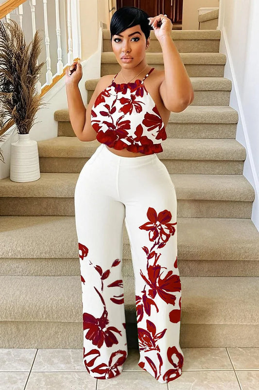 Floral Placement Print Halter Top Wide Leg Pants 2pcs Set-White