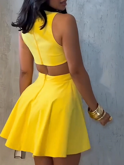 Ladies V-neck Metal Button Sleeveless Dress