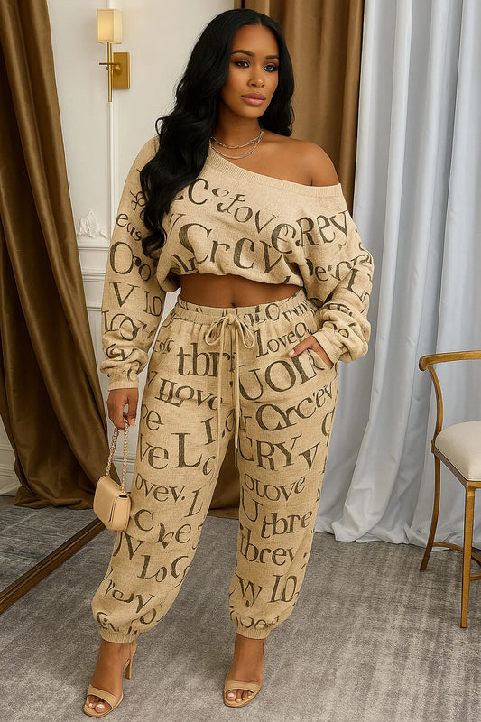 Letter Print Boat Neck Crop Top Tapered Sweatpants 2pcs Set-Khaki