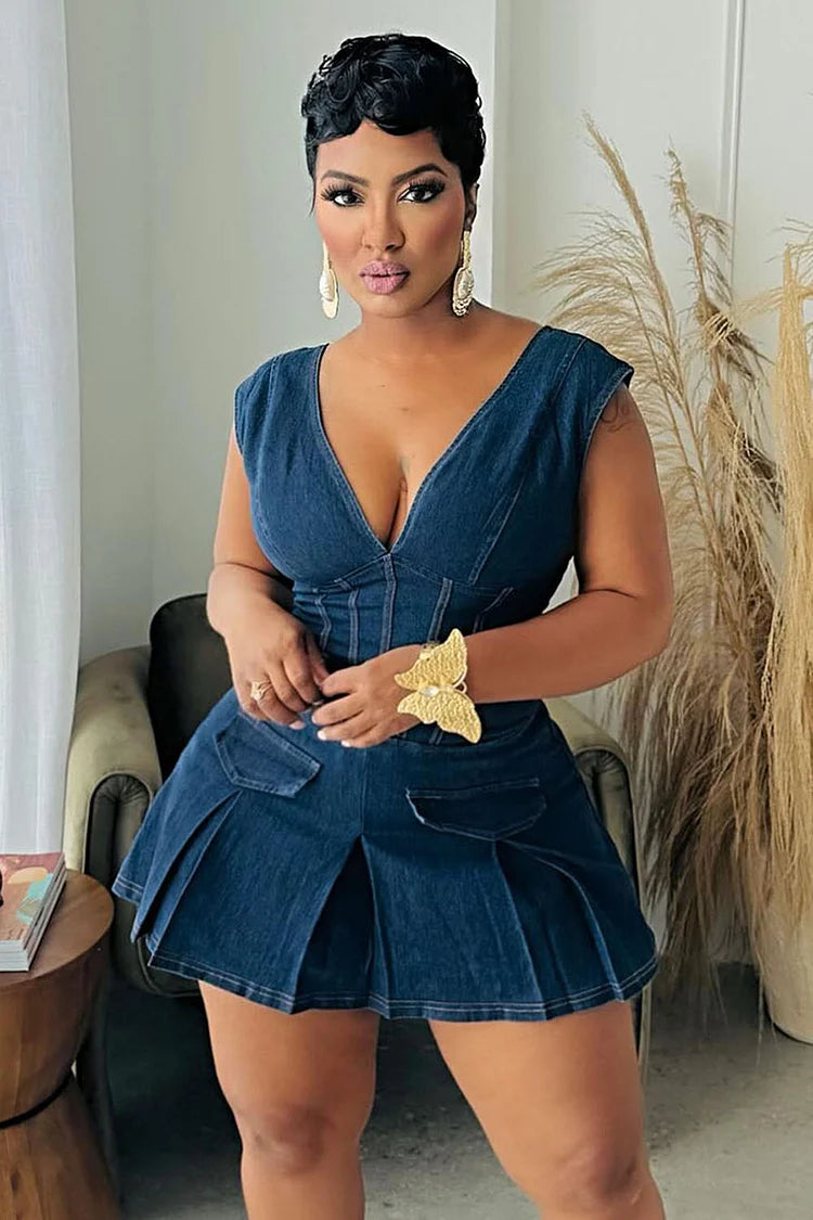 Mini-robe en jean plissée à col en V et sans manches, style corset - Bleu