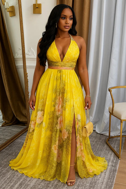 V Neck Floral Print Cinched Slit Party Maxi Dresses-Yellow
