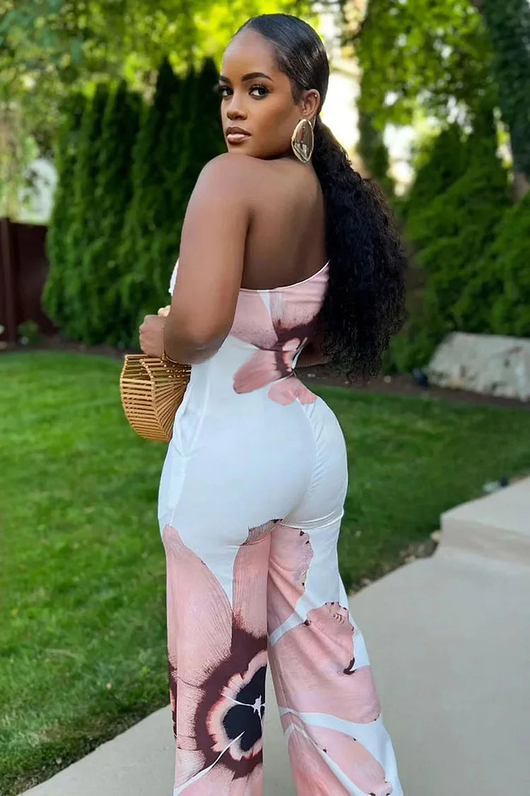 One Shoulder O-Ring Floral Print Vacation Wide Leg Jumpsuit-White