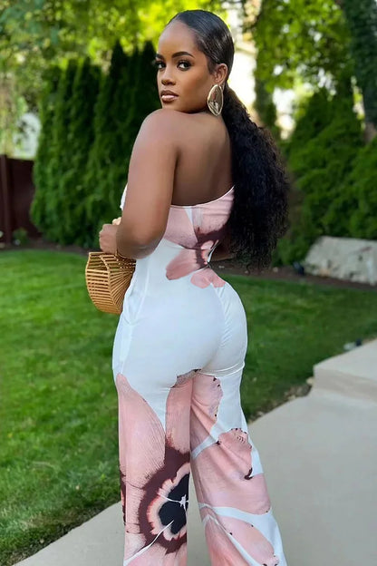 One Shoulder O-Ring Floral Print Vacation Wide Leg Jumpsuit-White