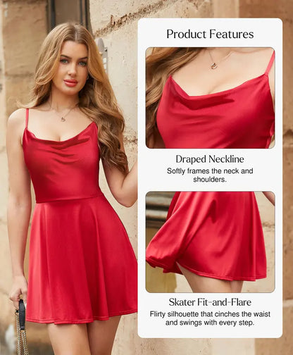 Popilush Sexy Shapewear Mini Satin Slimming Cocktail Dress Built-In Bra Square Neck Tummy Control#FallFreshness