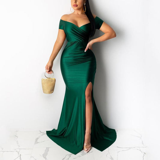 Elegant and trendy dress, off the shoulder, sexy for evening, banquet, party.