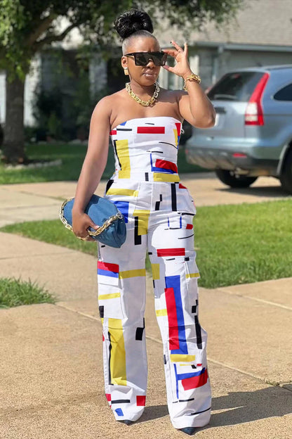 Colorblock Geometric Print Strapless Wide Leg Jumpsuit-White