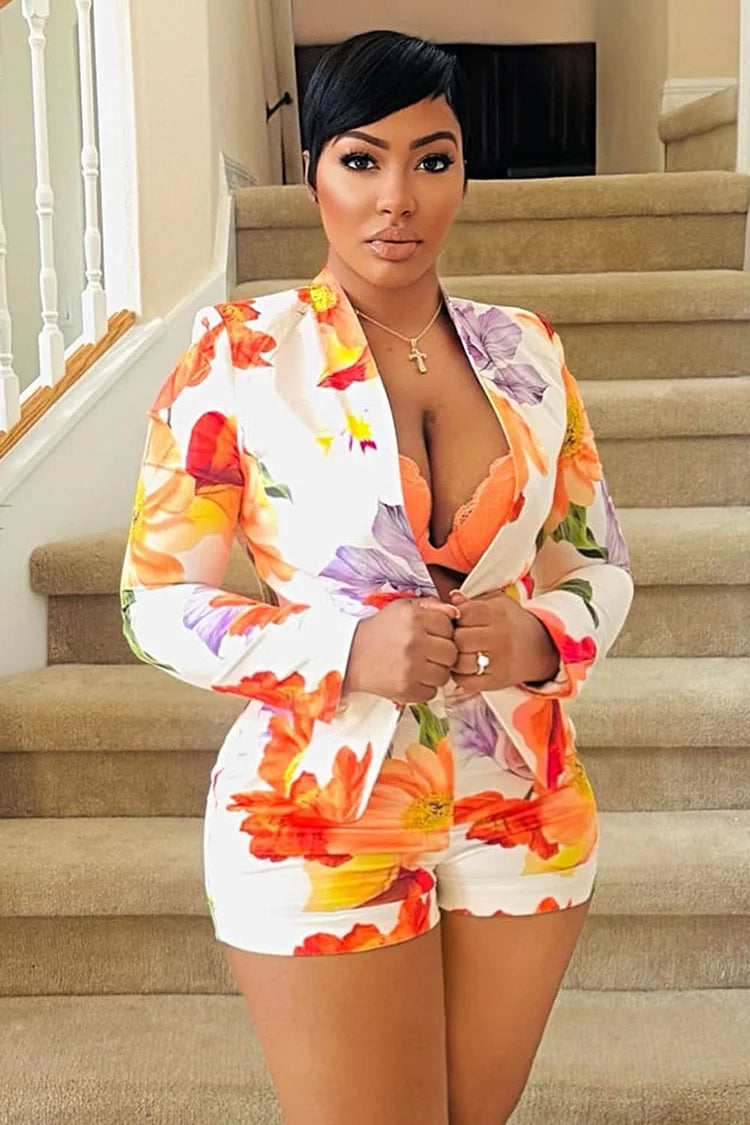 Floral Print Lapel Collar Blazer Bodycon Shorts 2pcs Set-White