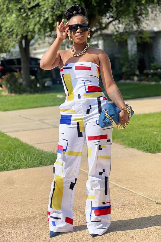 Colorblock Geometric Print Strapless Wide Leg Jumpsuit-White
