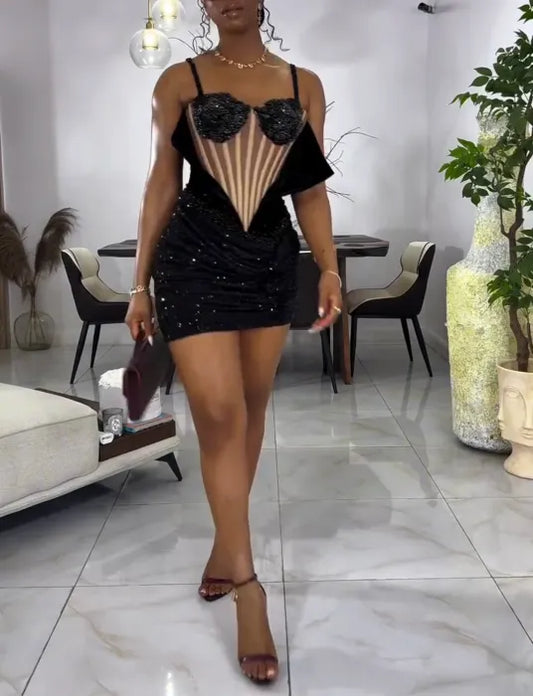 Black and Nude Sequin Hand Made Corset Mini Dress