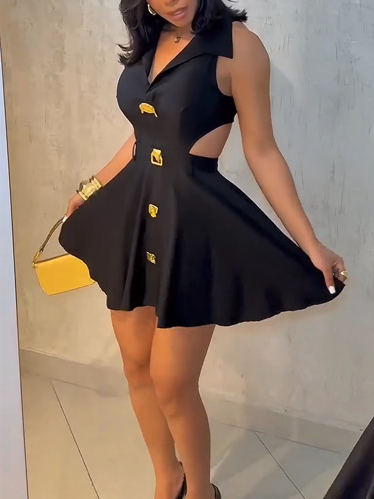 Ladies V-neck Metal Button Sleeveless Dress
